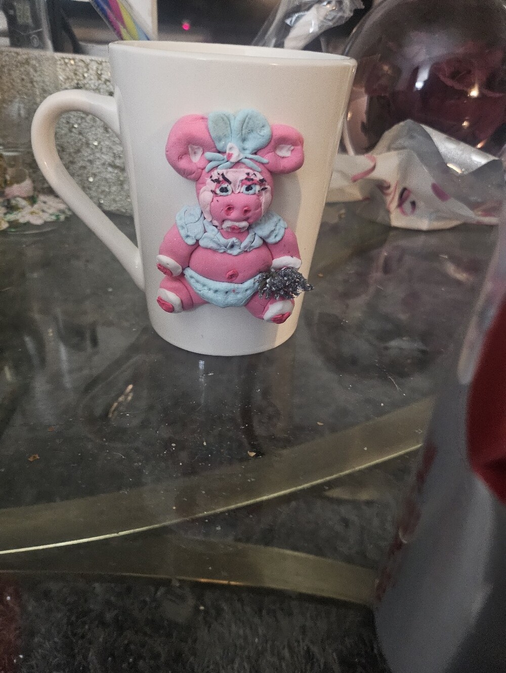 White Ceramic Mug with Pink & Blue Pig Accent